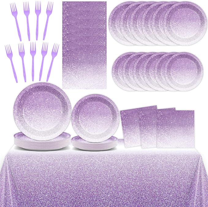 ZOiiWA 98 Pcs Gradient Pastel Purple Tableware - Plates, Napkins, Tablecloth & Party Decorations - Light Purple Sprinkle Wedding & Birthday Table Cover & Party Favors