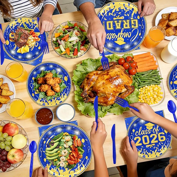 175PCS Graduation Plates and Napkins Set 2026 Graduation Party Supplies Tableware Set Include Paper Plate Napkin Cup Knife Fork Spoon for Grad Party Decor Serve25 (Blue and Gold)