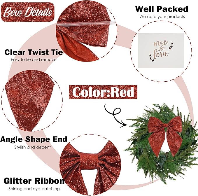 AIMUDI Red Glitter Wired Ribbon Bows with Twist Tie 5.5" Premade Metallic Christmas Bows for Gift Wrapping, Wreath, Garland, Holiday Crafts Party Home Outdoor Christmas Tree Decorations, 12 PCs