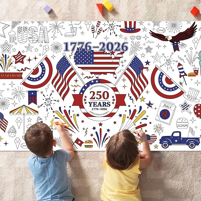 OHOME 4th of July Giant Coloring Poster/Tablecloth - 250 America Anniversary USA Decorations,Kids July 4th Crafts Games Activities Toys Decor Party Decor for Classroom School