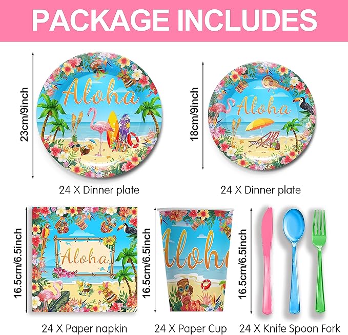 Hawaiian Luau Party Supplies Tableware Set - Tropical Flamingo Decorations Include Plates, Napkins, Cups, Cutlery, for Summer Beach Aloha Theme Party Supplies | Serves 24