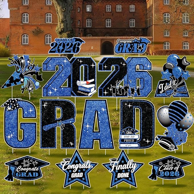 15 PCS Graduation Yard Signs Class of 2026 Decorations, 2026 Graduation Decorations - Large 4FT Tall Congrats Grad Lawn Sign Set with H-Stake & Fiberglass Rods, Waterproof Outdoor & Indoor Graduation Party Decor,Blue and Black
