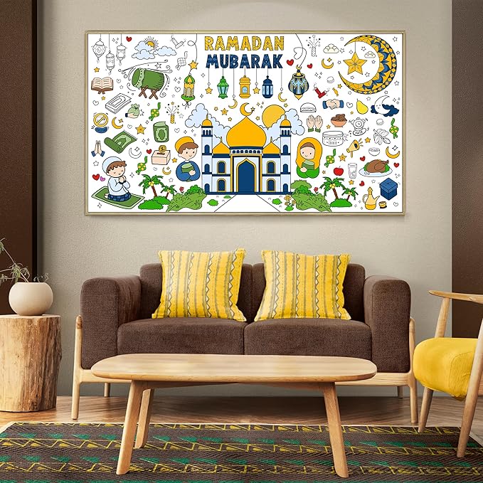 OHOME Ramadan Giant Coloring Poster/Tablecloth-Ramadan Decorations - Jumbo Coloring Banner Kids Eid Crafts Activities Decor Party Decorations