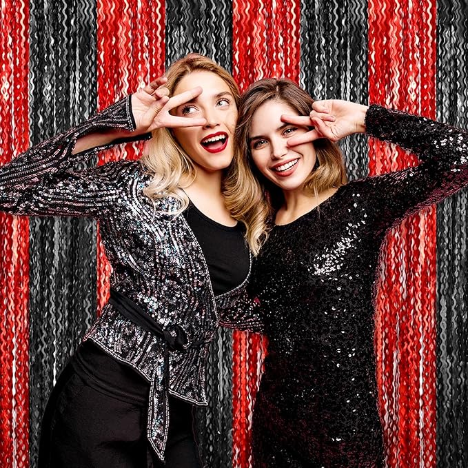 4 Pack Black Red Wave Foil Fringe Curtain Backdrop, 3.28Ft x 8.2Ft Metallic Tinsel Foil Fringe Streamer Curtains for Photo Booth, Mother's Day, Easter, Birthday, Wedding Party Decoration