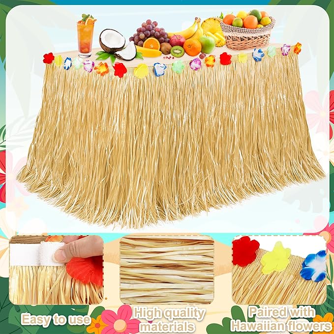 Hawaiian Table Skirt Decor, Gold Green Hawaiian Grass Table Skirt Party Decor, Luau 108 X 29.5" Flower Tropical Hula Dance Home Parties Supplies, Table Skirt Bulk for Summer Beach Themed Activities
