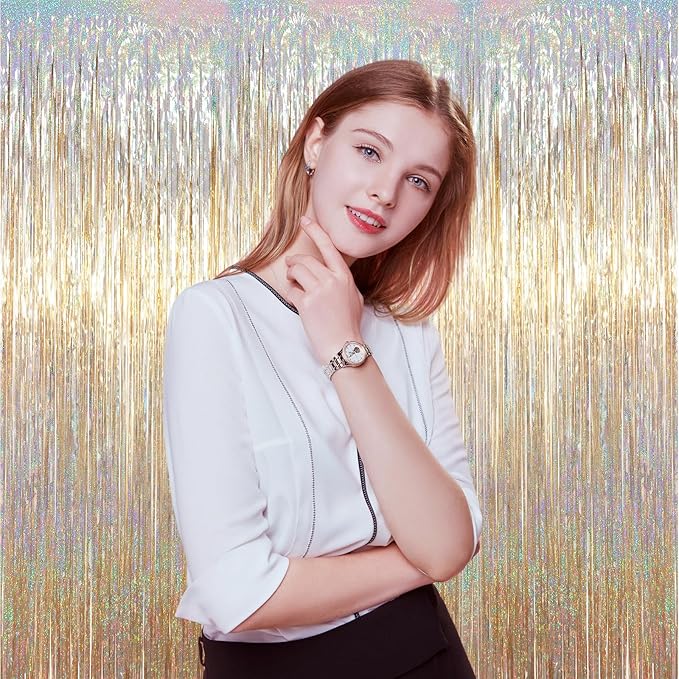 3.3 x 6.6 ft Foil Fringe Backdrop Curtains, Tinsel Streamers Party Decorations, Fringe Backdrop for Birthday, Baby Shower, Gender Reveal, Graduation (9, Champagne)