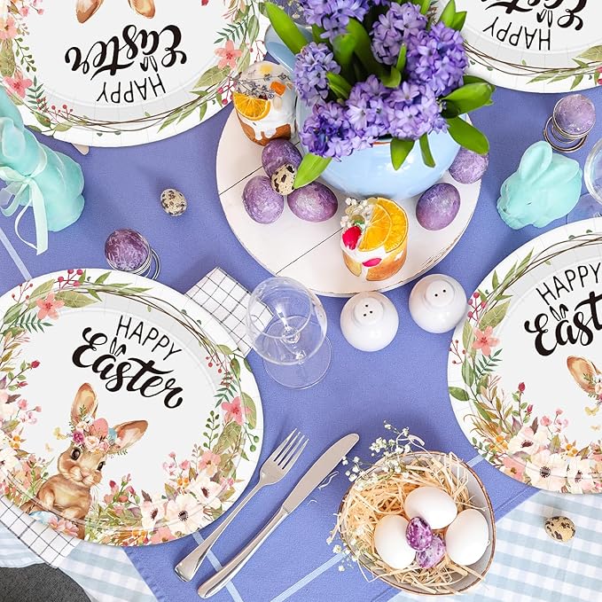50Pcs Easter Plates, Large Disposable Oval Paper Plates, 10" X 12.5" Heavy Duty Party Food Plate, Happy Easter Plate Bunny Egg Flowers Tableware Dinnerware Set for Easter‘s Party Supplies