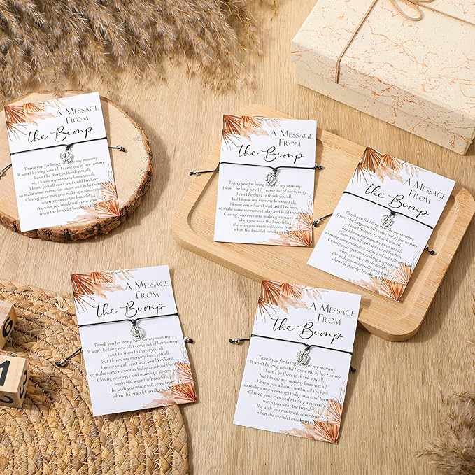 Thyle 50 Set Boho Baby Shower Favors for Guests Adjustable Bracelets with Message from The Bump Card Footprints Charm Baby Shower Bracelets for Gender Reveal Thank You Gifts