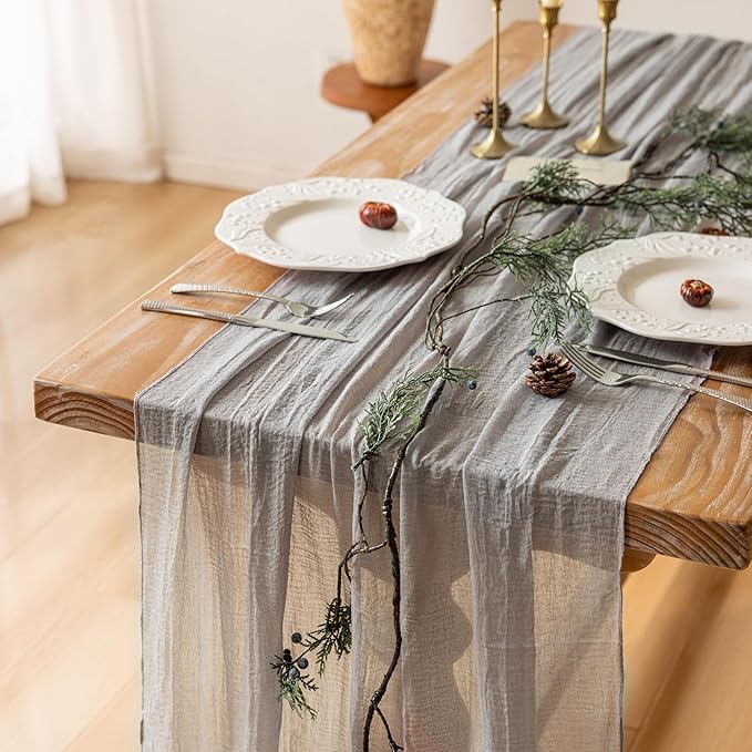 Keketoarrange Grey Spring Easter Gauze Rustic Cheesecloth Table Runner 120 Inch 10 FT for Wedding Baby Shower Bridal Shower Birthday Engagement Garden Outdoor Party Long Sheer Boho Decorations