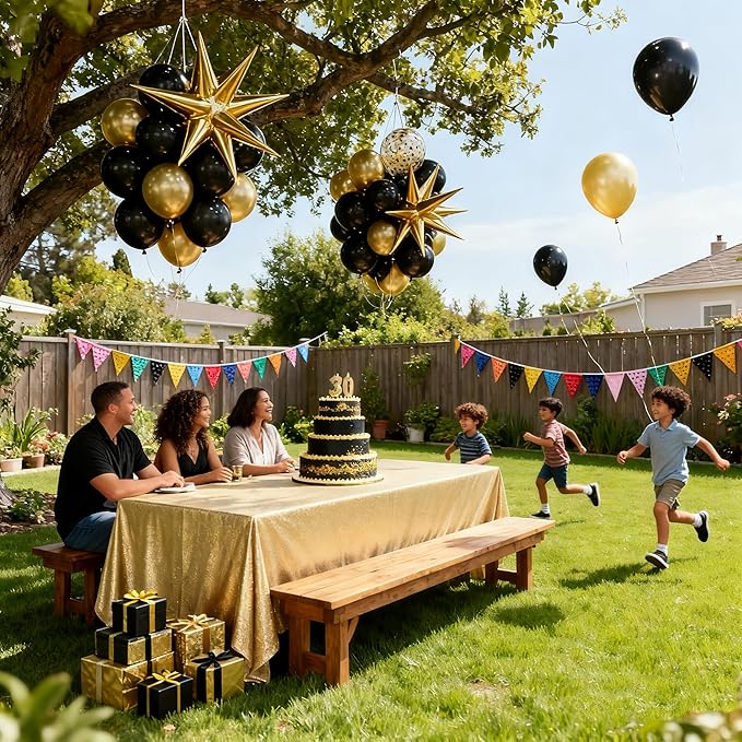 Black and Gold Balloons, 135pcs Black Gold Arch Kit Confetti Star Latex Balloons 5 10 12 18 Inch for Decorations Birthday Retirement Wedding Anniversary New Years Party Decorations