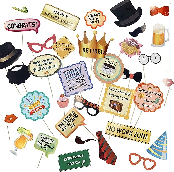 Scapa Pro Retirement Photo Booth Props 36 pc Party Supplies for Pictures and Decorations Includes Colorful Photo Props and Phrase Signs Unisex Retirement Decor