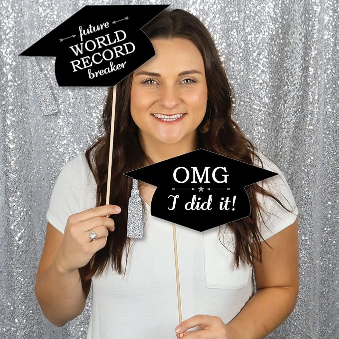 Big Dot of Happiness Silver - Hilarious Graduation Caps - Graduation Photo Booth Props Kit - 20 Count