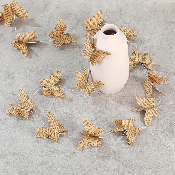 3D Paper Butterfly Garland Recycled Book Newspaper Hanging Garland Bunting Banner Party Decorations Wedding Baby Shower Home Decor 4 Pack (Brown)