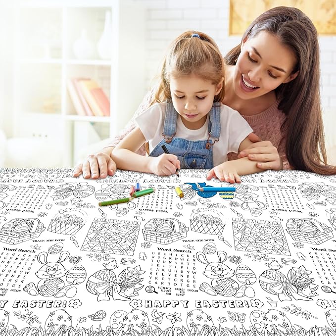 1 Pack Happy Easter Coloring Tablecloth for Kids - Giant Easter Color-in Paper Poster, Rectangle Easter Bunny Activity Coloring Table Cloth for Spring Easters Party Decorations Favors, 54 x 108 Inch