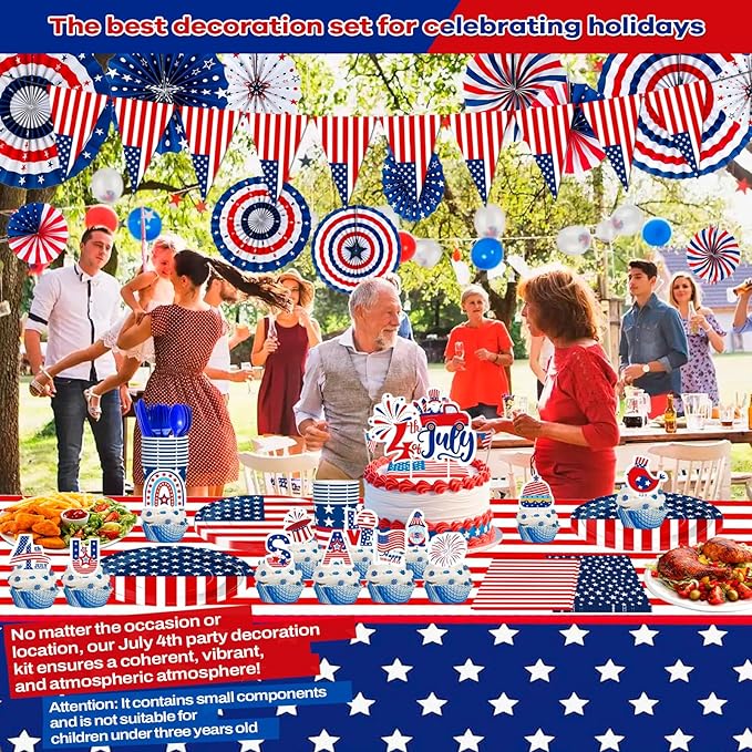 4th/Fourth of July Patriotic Decorations Set Stars and Stripes Old Glory Banner American Flag Hanging Paper Fans Cake Toppers Plates Tableware Tablecloth for USA Independence Day Party Decor Supplies