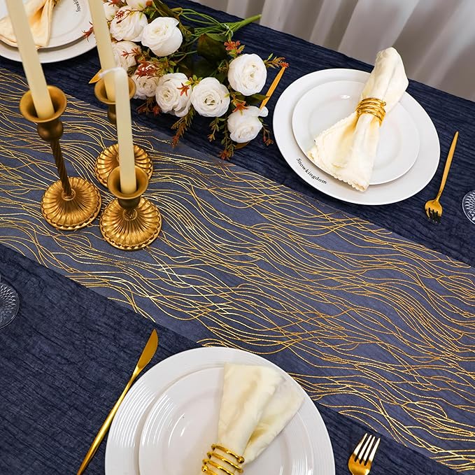 Snowkingdom 2pcs Gold Wave Table Runner, 11×108 Inch Golden Metallic Sparkle Lines Mesh Table Runners, Lightweight Gold Centerpiece for Valentine's, Wedding, Birthday, Christmas, Party Dinner Decor