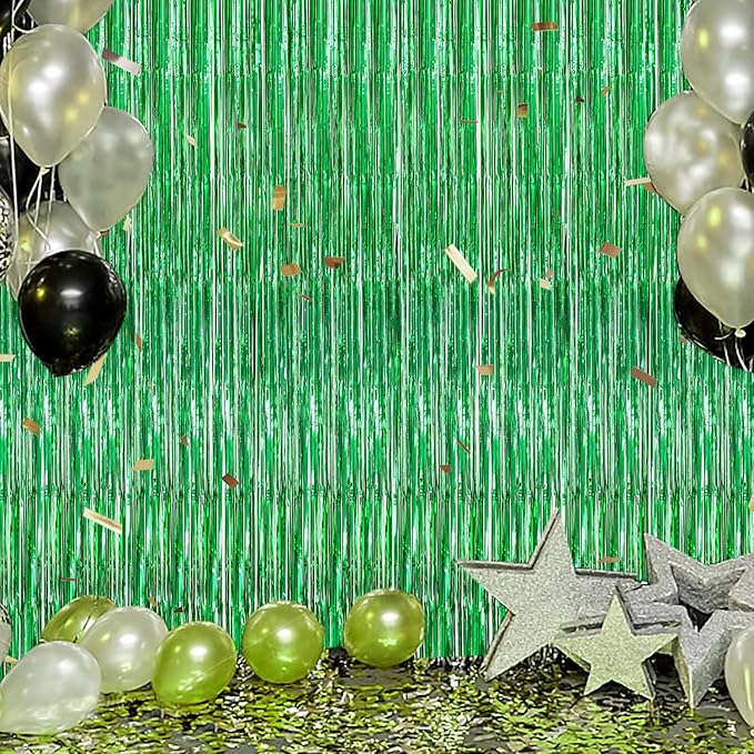 2 Pack Foil Fringe Backdrop - Green Shiny Tinsel Curtains for Party Decoration/Photo Booth Props - 3.3x6.6 FT Metallic Foil Backdrop for Birthday, Wedding, Graduation, Christmas.
