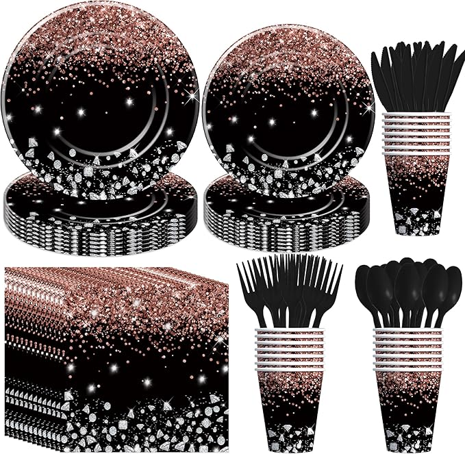 Xigejob Rose Gold And Black Party Decorations Tableware - Glitter Diamond Theme Rose Gold Party Supplies for Wedding Bridal Shower Birthday, Paper Plate, Cup, Napkin, Cutlery | Serves 24