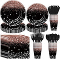 Xigejob Rose Gold And Black Party Decorations Tableware - Glitter Diamond Theme Rose Gold Party Supplies for Wedding Bridal Shower Birthday, Paper Plate, Cup, Napkin, Cutlery | Serves 24