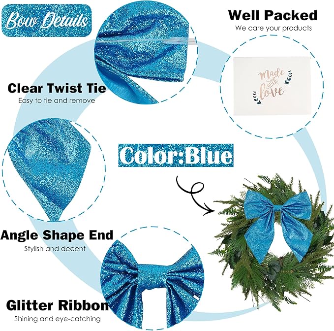 AIMUDI Blue Glitter Wired Ribbon Bows with Twist Tie 5.5" Premade Metallic Christmas Bows for Gift Wrapping, Wreath, Garland, Holiday Crafts Party Home Outdoor Christmas Tree Decorations, 12 PCs