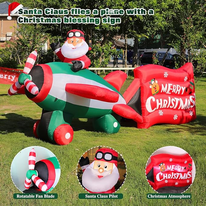 10.5 FT Animated Christmas Inflatables Santa Claus on Airplane, Santa Claus on Helicopter with Merry Christmas Banner, Xmas Blow Ups Outdoor Decorations for Yard Garden Lawn Holiday Home Party Decor