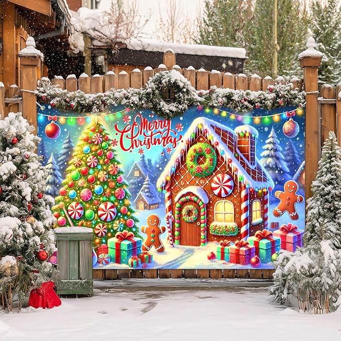 Gingerbread Christmas Backdrop 71x43 Inches Snowman Tree Scene Banner Holiday Photography Background Indoor Outdoor Merry Christmas Decoration for Wall Party Display