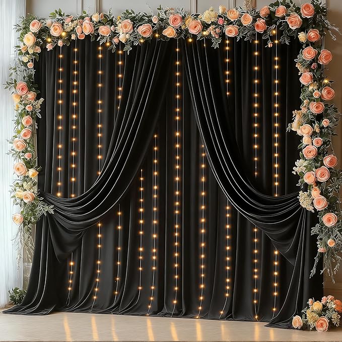 20x10FT Black Backdrop Curtains with Lights for Parties,Wrinkle Free Wedding Photo Backdrop Curtains for Baby Shower Birthday Ceremony Reception Home Party Decorations-5ft x 10ft,4 Panels