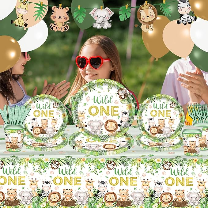 222 PCS Wild One Birthday Decorations, Jungle Safari Baby Shower Decorations Tableware Set with Animal Plates Napkins Cutlery Tablecloth Banner for 20 Guests