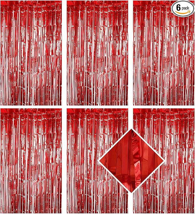 6 Pack Red Foil Curtain Backdrop 3.2ft x 6.6ft Metallic Tinsel Fringe Backdrop Curtains Streamer Photo Booth Backdrop for Birthday Engagement Bachelorette Christmas Holiday Party Decorations