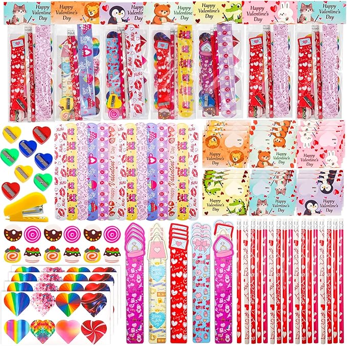 Valentines Day Gifts for Kids - 28 Pack Valentines Stationery Set with Cards, Pencils, Stickers, Erasers, Rulers and Sharpener for Girls Boys Class Exchange, Classroom Prizes and School Party Favors