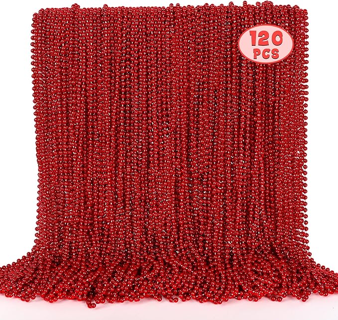 120PCS Bead Necklace, Red Christmas Bead Stuff Party Favors, 33" Red Necklaces Festival Parade Throw Accessories for Wedding Birthday Valentines Mardi Gras Christmas Celebrations Decorations