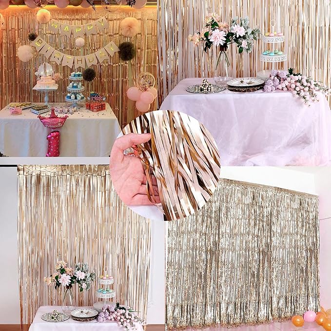 Dazzle Bright 2 Pack Backdrop Curtain, 3FT x 8FT Metallic Tinsel Foil Fringe Curtains Photo Booth Background for Baby Shower Party Birthday Wedding Engagement Bridal Shower (Champagne Gold)