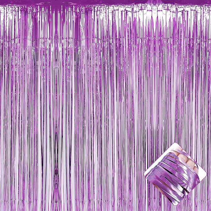 4 Pack 3.3Ft x 6.6Ft Light Purple Foil Fringe Curtain Backdrop, Metallic Tinsel Foil Fringe Streamers Curtains Background for Photo Booth, Birthday, Wedding, Halloween, Christmas Party Decoration