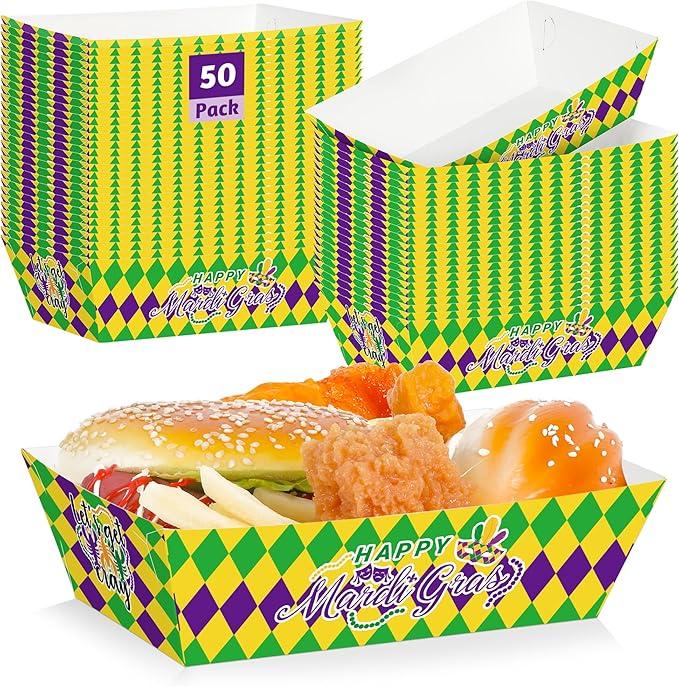 50 PCS Mardi Gras Paper Trays, 5.94" Mardi Gras Decorations Disposable Paper Boat, Purple Gold Green Plaid Stripe Food Trays Snack Trays Food Boats, Fat Tuesday Decorations for Tacos Hot Dog