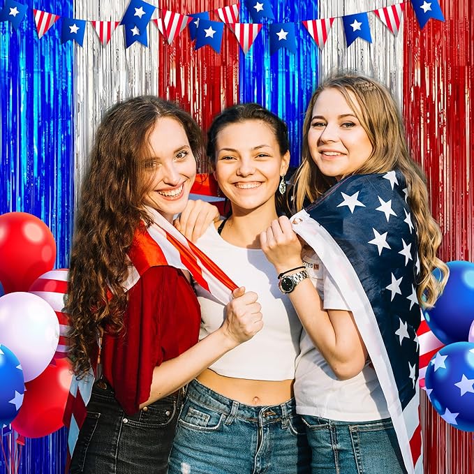 OHOME 4th of July Decorations - American Flag Backdrop Streamers | Patriotic Memorial Day Decor for Indoor Outdoor Outside - 250 America Anniversary USA Fourth of July Accessories Party Favors,2 Pack