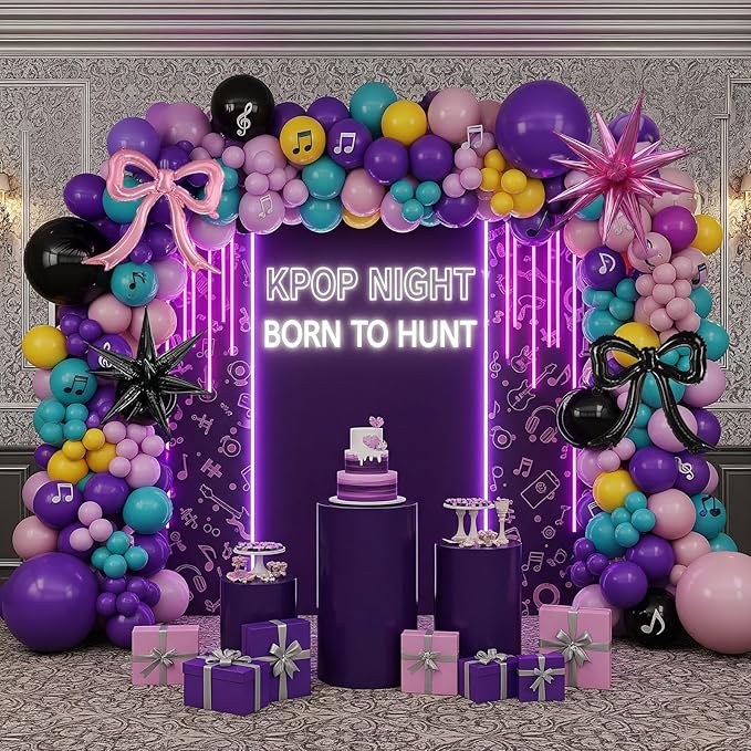 Purple pink Balloon Arch Garland Kit with Bow Star mylar balloons for kpop music Birthday Decorations Y2K Concert Movies Tv fans Prom Party Supplies (Purple pink)