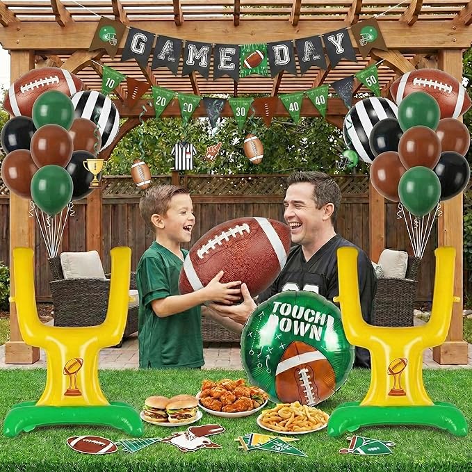 Football Balloons dark green brown black Balloons with Banner Hanging Swirl Goal Post Football Balloons for Sports Birthday Boys first year touch down party decorations