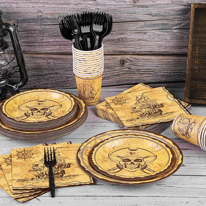 durony 144 Pieces Pirate Tableware Set Party Plates Cups Napkins Pirate Party Supplies Treasure Map Theme Favors for Treasure Theme Birthday Parties Decorations, Serve 24 Guests