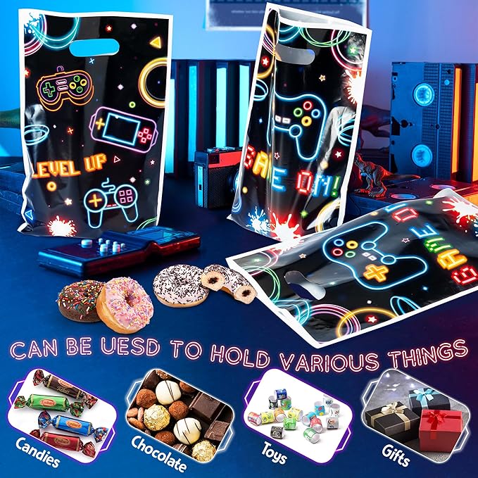 Video Game Party Favor Bags - 50Pcs Neon Video Gaming Goody Candy Treat Gifts Bags, Game on Theme Party Decorations for Kids Boys Girls Birthday Supplies