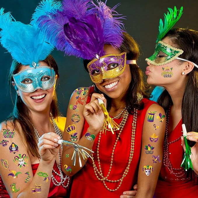 12 Sheets Mardi Gras Tattoos, Mardi Gras Stickers Accessories, New Orleans Carnival Party Favors Crown Mask Tattoos Stickers for Fat Tuesday Parades Masquerade Decorations