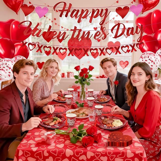 183PCS Happy Valentine's Day Party Supplies,Red Love Heart Disposable Paper Plate Napkin Cup Cutlery for 24 Guest,Banner Tablecloth Balloons for Galentines Anniversary Bridal Wedding Engagement Decor