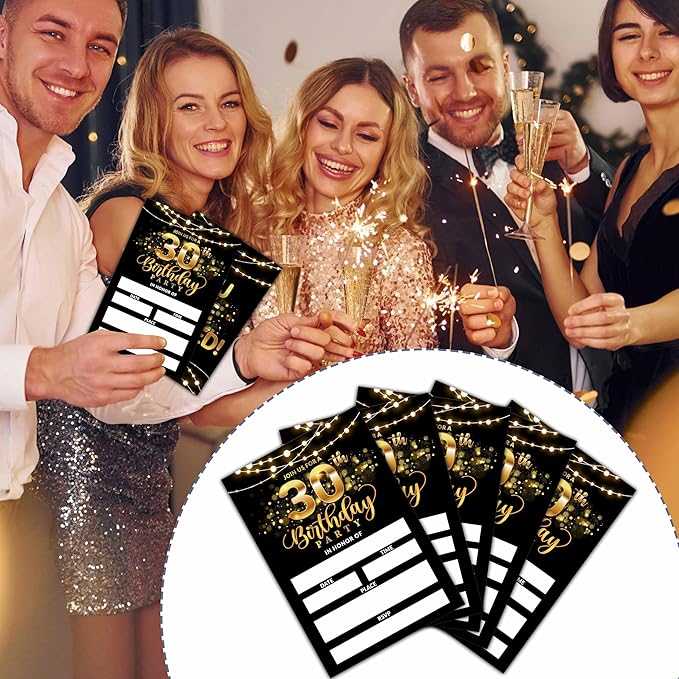 30th Birthday Invitations, Birthday Party Invitations For Women Men, 30 Year Old Birthday Invites, Black Gold Birthday Party Decorations Favors, 20 Invitations with 20 Envelopes - C07
