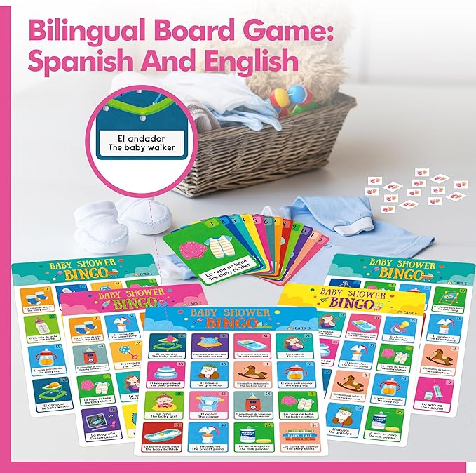 Gethelud Baby Shower Bingo Game, 25 Bilingual Spanish & English Bingo Cards for Gender Reveal Party, Baby Shower, Game Favors, Supplies, Decorations for Adults (25 Players)