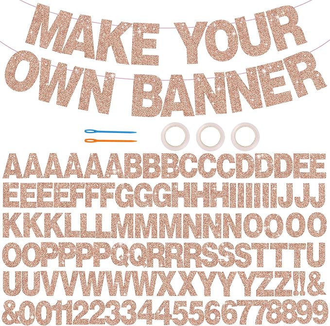 BEISHIDA 116 PCS A-Z DIY Letter Banner Kit Make Your Own Banner Glitter Rose Gold Including 111 Letters and Numbers 3 Rope and 2 Threading Device,Customized for Birthday Graduation Wedding Party Decor