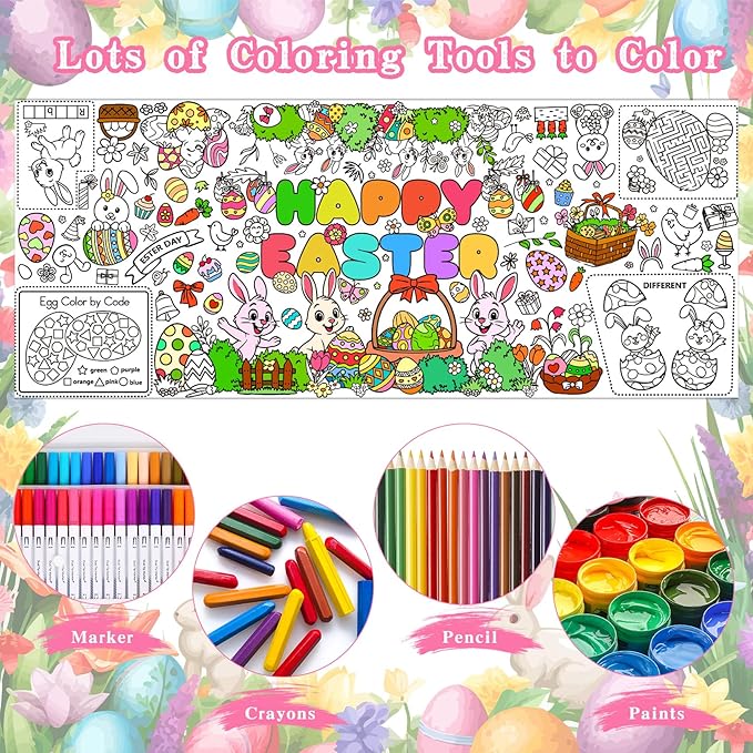 Easter Coloring Tablecloth/Poster, Easter Crafts for Kids, 72" x 30" Giant Paper Coloring Table Cloth Banner for Gifts Games Activities Party Decorations, Fun DIY Art Easter Party Supplies for Family