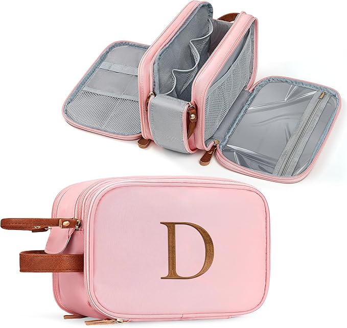YOOLIFE Travel Toiletry Bag for Women - Gifts for Women Teen Girls, Personalized Initial Makeup Cosmetic Bag Sister Daughter Birthday Teacher Appreciation Gifts Letter D Pink