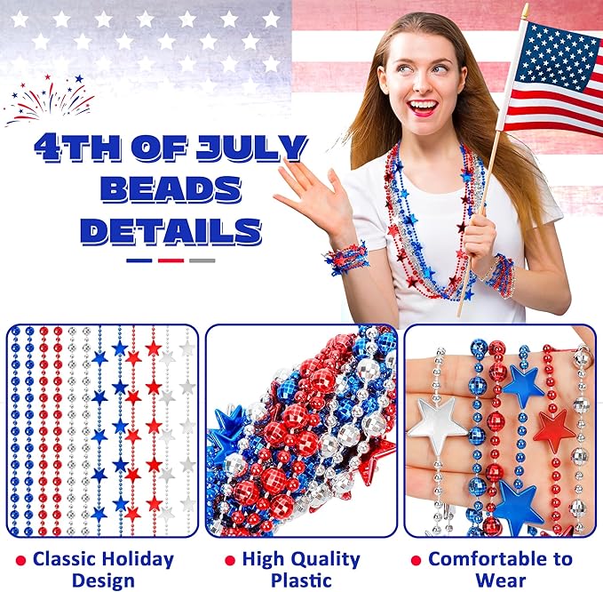 4th of July Accessories, 24PCS Fourth of July Patriotic Beads Necklaces Bulk, Independence Day Red Blue White Stars Round Beads, Patriotic Necklace for Parade Party Favors Decorations