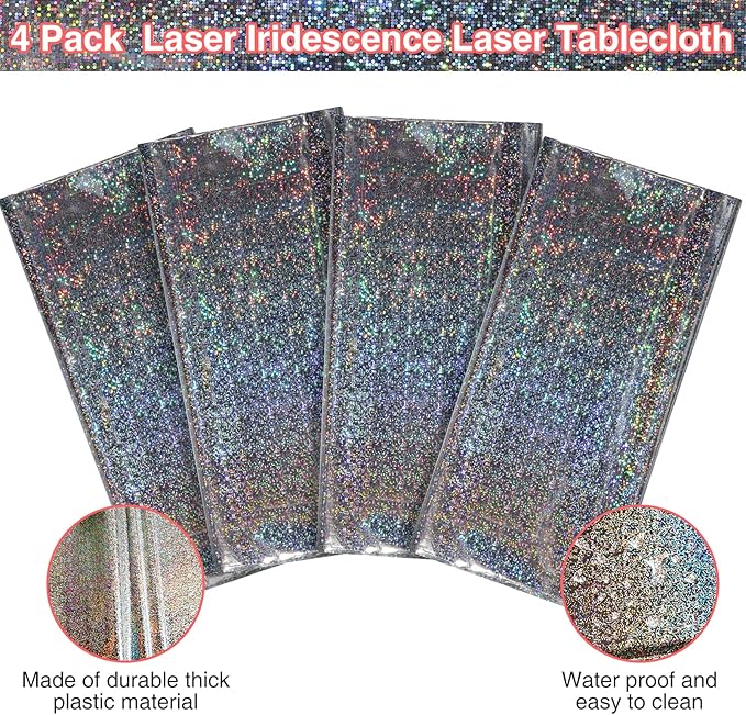 FunnyPars 4 Pack Iridescent Plastic Tablecloths Shiny Disposable Laser Rectangle Table Covers Holographic Foil Tablecloth Iridescent Party Decoration Birthday Bridal Wedding Christmas 54"x108"(Silver)