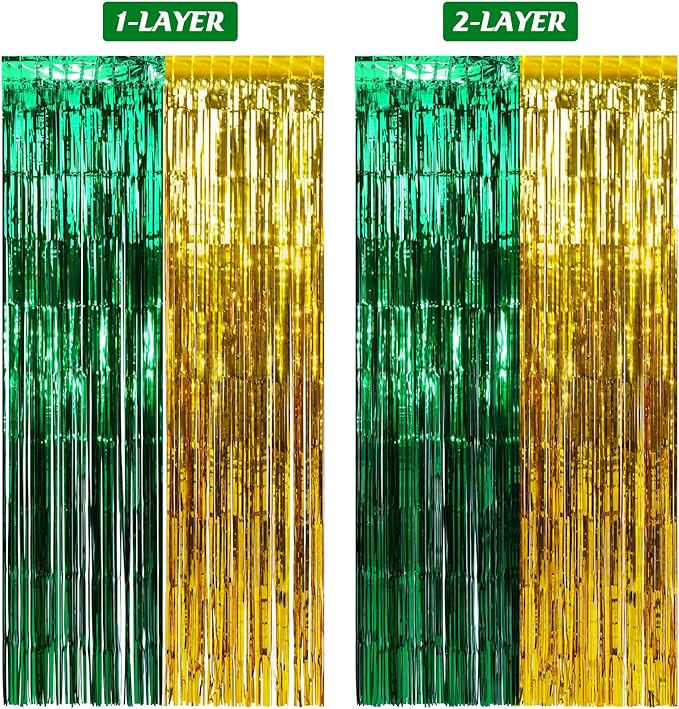 6Pack 3.3Ft x 6.6Ft Graduation Foil Fringe Curtain Backdrop Decorations, Green Gold Metallic Tinsel Foil Streamers Curtain Photo Booth Background for Graduation Prom Wedding Birthday Party Decoration