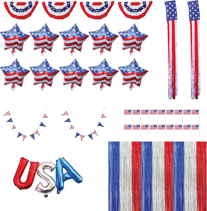 45 PC 4th Of July Decorations, USA Independence Day Patriotic Décor Set, American Bunting & Windsock Flags, Red White & Blue Streamer Backdrop, 10 Aluminum 1 “USA” Balloon, 2 Garland 8.2’, 18 flags